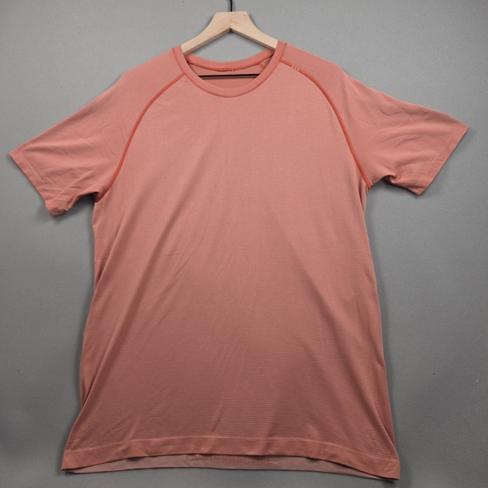 Lululemon Metal Vent Tech Short Sleeve Shirt Mens L Salmon Coral Stripe Crew Tee